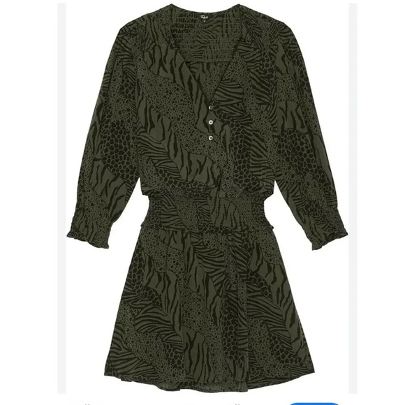 RAILS Zana Animal-Print Smocked-Waist Mini Dress Olive Green Small - Picture 2 of 10